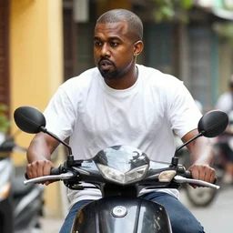 close up shot of kanye west riding scooter in hanoi, a photo in daylight