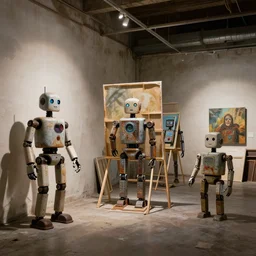 robots! in a decrepit art gallery, painting on canvases, dramatic lighting