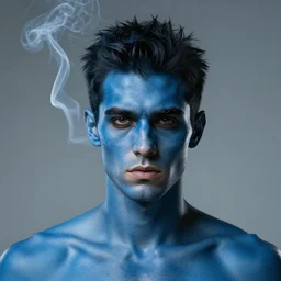 character portrait : striking man with smoke instead of hair. blue skin