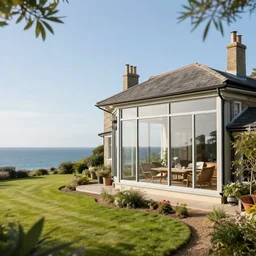 An ocean view contry house with large glass windows