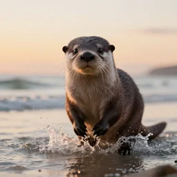 a closeup photorealistic photograph of a cute kangaroo - otter hybrid splashing in the surf during sunset. professional capture, well lit shot. this 4 k hd image is trending on artstation, featured on behance, well - rendered, extra crisp, features intricate detail, epic composition and the style of unreal engine.