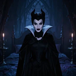 the black silhouette of disney's evil queen in a gothic dark bedroom facing the camera.
