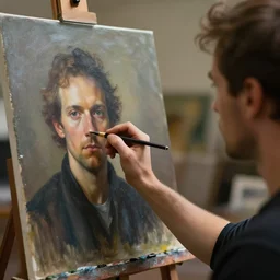 Artist painting self portrait of an artist painting a self portrait of an artist painting a self portrait of an artist painting a self portrait. Ultra high resolution, photo realistic, depth of field, award winning, cinematic, color graded