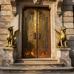 beautiful illustration, paper texture, detailed, ornate, art deco, large door at the top of stairs, flanked by brass griffon statues, golden hour, rust, metal rivets