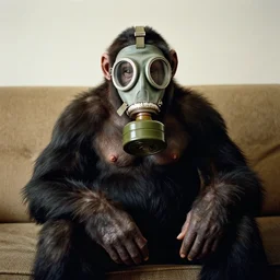 great ape wearing a gas mask sitting on a couch, in the style of gregory crewdson and ikrenz cushart