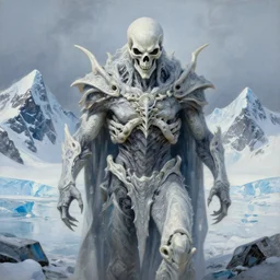 menacing presence trailblazer Antarctica glacial cult ice mountain skull king, realistic fantasy, oil painting, extremely high detail, photorealistic, cinematic lighting, oil painting, intricate line drawings, 4k resolution
