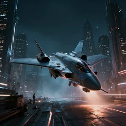 massive futuristic sci fi jet lands at runway of cyberpunk city, night photo ,dark cinematic lighting , digital concept art