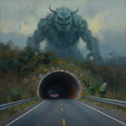 a beautiful landscape painting, a single lane tunnel with a car driving away, in the shadows is a monster made from water, by sam guay, moody lighting, hyperrealism, 4 k, octane render