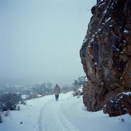 photo of shiprock, new mexico during a snowstorm. a old man in a trench coat and a cane appears as a hazy silhouette in the distance, looking back over his shoulder. cold color temperature. blue hour morning light, snow storm. hazy atmosphere. humidity haze. kodak ektachrome, greenish expired film, award winning, low contrast.