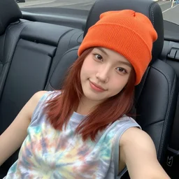 girl with chestnut hair lounging in the leather seats of a convertible car wearing an orange beanie and a faded tie-dye sleeveless shirt, selfie, faint smile