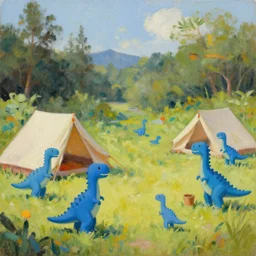 a camping with tents and blue dinosaurs as guests, oil painting