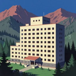 a psychedelic hallucination of a brutalist hotel in the mountains, by kawase hasui, moebius, edward hopper, colorful flat surreal design, dramatic lighting, hd, 8 k, artstation