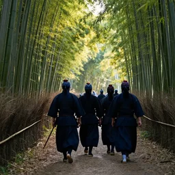 samurais walking on a trail, bamboos on the left and right of the trail, afternoon