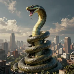 Evil tower in the cityscape, with a giant snake coiled around it, hissing and ready to strike.