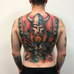 a man with a colorful viking tattoo on his back, a tattoo by richard mortensen, reddit contest winner, tattoo