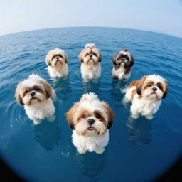 Floating Shih Tzus over a blue sea, Darek Zabrocki, Karlkka, Jayison Devadas, Phuoc Quan, trending on Artstation, 8K, ultra wide angle, pincushion lens effect