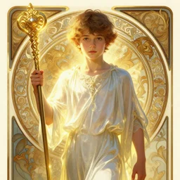 digital character concept art by artgerm and greg rutkowski and alphonse mucha. portrait of a young fourteen year old boy, like a young god, beautiful, holding a staff, detailed, poster art, light effect, glowing, hyper detail, intricate, elegant, digital painting, artstation, smooth, sharp focus