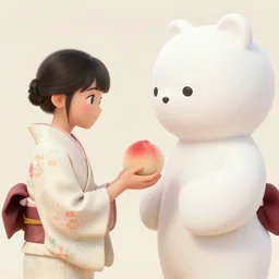 portrait of a girl wearing a kimono giving a peach to a large anthropomorphic asian black bear, in the style of aubrey beardsley
