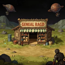 in front of a general store in a remote outpost, on an alien planet, from a space themed point and click 2 d graphic adventure game, set design inspired slightly by hg giger and tomb raider, art inspired by ( ( thomas kinkade ) ) and greg rutkowski