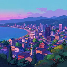 a japanese city near the sea, lofi, dreamy, moody, very colorful, anime inspiration, ghibli vibe, very pixelart, hd