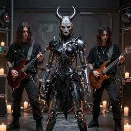 cyberpunk black metal band, 3 - piece, guitarists, bassist, drummer, vocalist, all black cyberpunk clothes, robotic prosthetic limbs, dermal implants, detailed faces, cyborg satan, futuristic, realistic, promo photograph, epk, room full of candles, dramatic lighting, high quality photograph, highly detailed, sharp