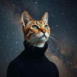 a bust portrait of a humanoid cat in a black turtleneck pullover, a picture of the milky way galaxy in the background, photography