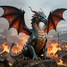 photorealistic dragon portrait, burning village background
