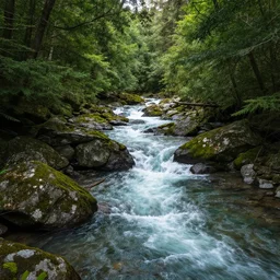 beautiful river flowing down the forest, by raymond swanland