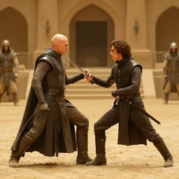 Photography of dagger duel between bald_hairless_Austin_Butler_as_Feyd-Rautha_Harkonnen and Timothee_Chalamet_as_Paul_Atreides, in an arena pit, film still from movie Dune-2021, golden ratio