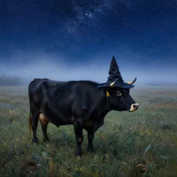 a detailed matte landscape painting of a starry cow standing in a grassy field wearing a witch hat, cow wearing hat!!! viewed in profile and far away, fog in the background, ultrawide lens, aerial photography, black and blue color scheme with gold highlights, art by greg rutkowski and and rembrandt and alphonse mucha, artstation, 8 k