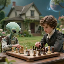 sharp, highly detailed, film from a 2 0 1 9 sci fi 8 k movie, set in 1 8 6 0, a boy and a girl playing chess with a small humanoid alien, in the garden of a house on an alien planet, wearing 1 8 6 0 s clothes, atmospheric lighting, in focus, reflective eyes, 3 5 mm macro lens, live action, nice composition