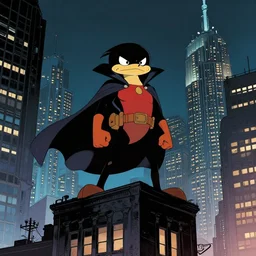 deep focus, a portrait of perry the platypus with a long cape standing on top of a building in new york city at night, low dramatic angle, confident hero pose, frank miller, jim lee, detailed illustration, neal adams, sin city, intricate, cyberpunk city, danguiz, flat art, sharp, by ilya kuvshinov comic book cover, film still,