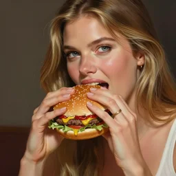 portrait of heidi klum biting a giant hamburger eating a big mac hamburger with extra ketchup and mustard lettuce and tomato, divine feminine ethereal light, highly detailed, lifelike, photorealistic, digital painting, artstation, illustration, smooth, sharp focus, art by collier, albert aublet, krenz cushart, artem demura, alphonse mucha