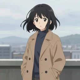 A cute manga girl wearing a stylish long coat in windy weather by Range Murata, black medium length Dutch bob cut hair with straight bangs, dark eyes, whole character in frame, black and white charcoal sketch, Huke, krenz cushart, trending on artstation