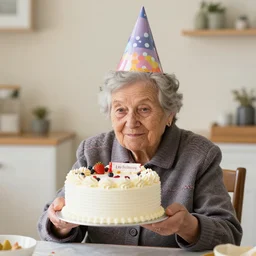 grandma is wearing a birthday cake in place of her hat