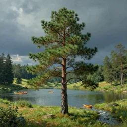 beautiful pine tree landscape, a lake with kayaks and a stream, trees in the grassy hills, dramatic lighting, cinematic, establishing shot, extremly high detail, by monet, cinematic lighting, post processed, concept art, artstation, matte painting