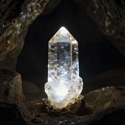 a glowing crystal is sitting inside a dark cave, rule of thirds, clear focus, bokeh effect, high res, hasselblad, dslr, professional, cinematic, frans lanting, andy lee