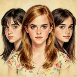 emma watson portrait by ikenaga yasunari and ayana otake and ko rakusui, 6 0 s poster, drawing, realistic, sharp focus, japanese, dreamy, nostalgia, faded, golden hues, floral clothes