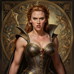 angry muscular scarlett johansson as queen bavmorda from willow movie, intricate, elegant, highly detailed, digital painting, artstation, concept art, smooth, sharp focus, illustration, art by artgerm and greg rutkowski and alphonse mucha