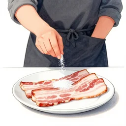pen drawing of a man salting a plate of bacon