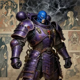 composition of gothic and futuristic, warhammer, cyber japan samurai armor, more and more scars, storm, blue head, purple, the middle ages, highly detailed, artstation, in the style of moebius, jugendstil and classic japanese print, art by jean delville and rene magritte