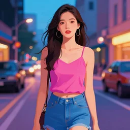 summer night, city streets, beautiful woman, very coherent and colorful high contrast art floralpunk screen printing woodblock, pastel color, hard lightings
