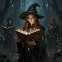 lore keeper girl in glasses, bespectacled, wearing a pointy hat, holding a big book, grimoire, folio, fantasy, cinematic, stunning, highly detailed, digital painting, artstation, soft focus, ominous lighting, evil colors, full body shot, illustration, art by artgerm and greg rutkowski and alphonse mucha