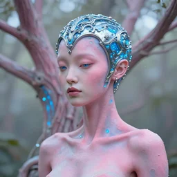 natural light, soft focus portrait of a cyberpunk anthropomorphic tree with soft synthetic pink skin, blue bioluminescent plastics, smooth shiny metal, elaborate ornate head piece, piercings, skin textures, by annie leibovitz, paul lehr