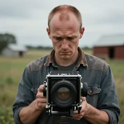 A very sad young man, near farm, outdoors, photograph, f2.8, dramatic, balding hair, redneck, award-winning, large format