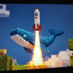A minecraft screen shot of a whale as a rocket launch in minecraft, 35mm, f/1.4, f1.8 anamorphic, bokeh, 4k, Canon, Nikon
