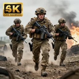 Portrait of a modern British army squad in full gear sprinting through enemy territory, cinematic lighting, front lighting, 4k, award-winning, by Greg Rutkowski, full body visible,