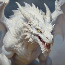 oil painting of ferocious white diamond nordic dragon, dnd character, fantasy, realistic textured skin, big lizard head, glowing eyes, sharp focus, artgem, boris valejo, frank frazetta, heavy metal style, trending on artstation, digital painting, julie bell, beautiful, very detailed,