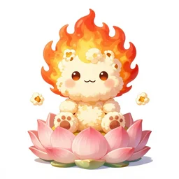 fluffy exploding popcorn elemental spirit, in the style of a manga character, with a smiling face and flames for hair, sitting on a lotus flower, white background, clean composition, symmetrical