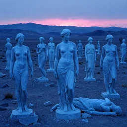 dozens of giant blue marble statues of women in various ruin across a mountainous desert with pink light on the horizon by andreas achenbach and carl gustav carus and thomas cole and delphin enjolras, blue light, blue mood